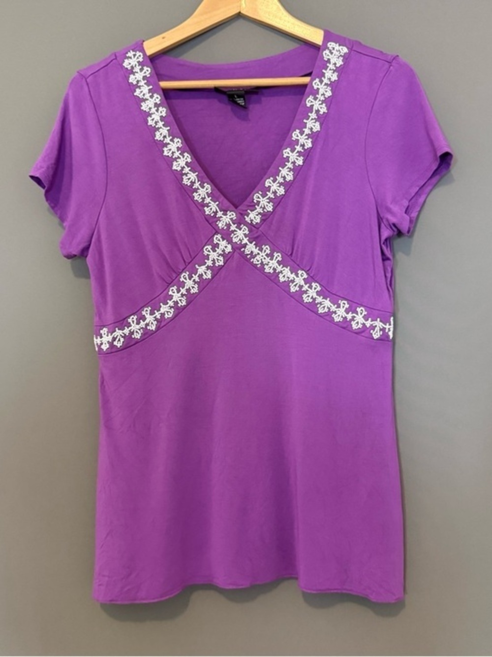 Style & Co Purple Beaded Babydoll Top Short Sleeve Women’s Large Boho Y2K